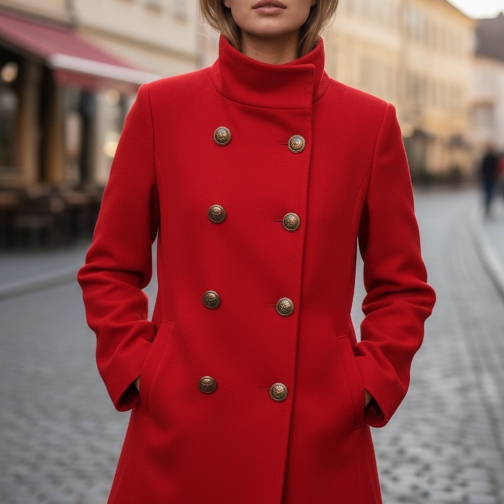 Alice + Olivia Red Wool Blend Peacoat w Leopard Lining